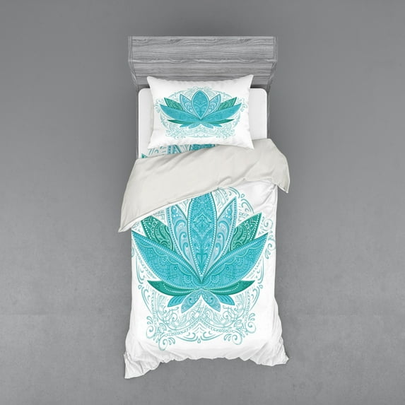 Ambesonne Leaf Bedding Set 3 Pcs, Mandala Lotus Pattern Art, Twin XL, Sky Blue Teal
