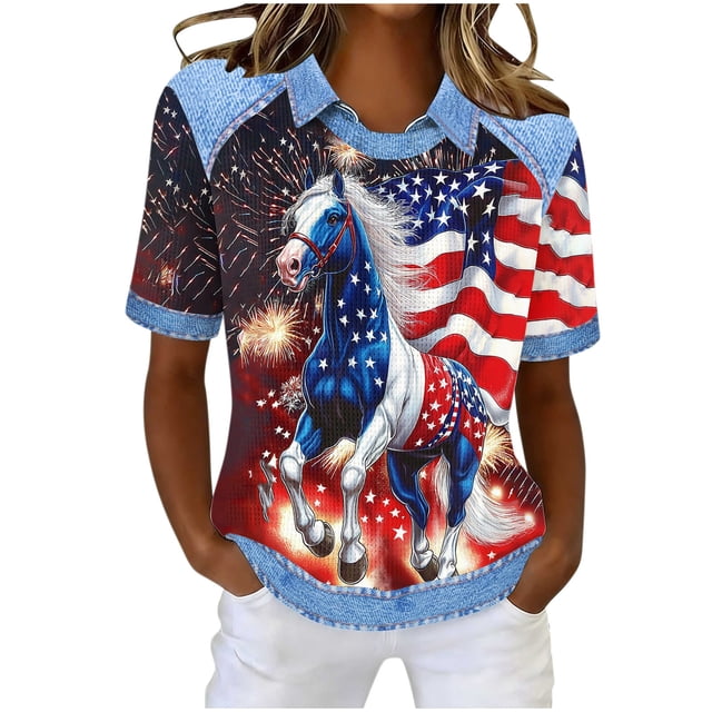 Mujeres de Verano Tops Casual Cuello Redondo de Moda Pascua No Posicionamiento Impreso Solapa Manga Corta Superior para el Hogar Y el Uso Diario