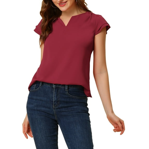 Allegra K Women's Solid V Neck Cap Short Sleeves Work Blouse