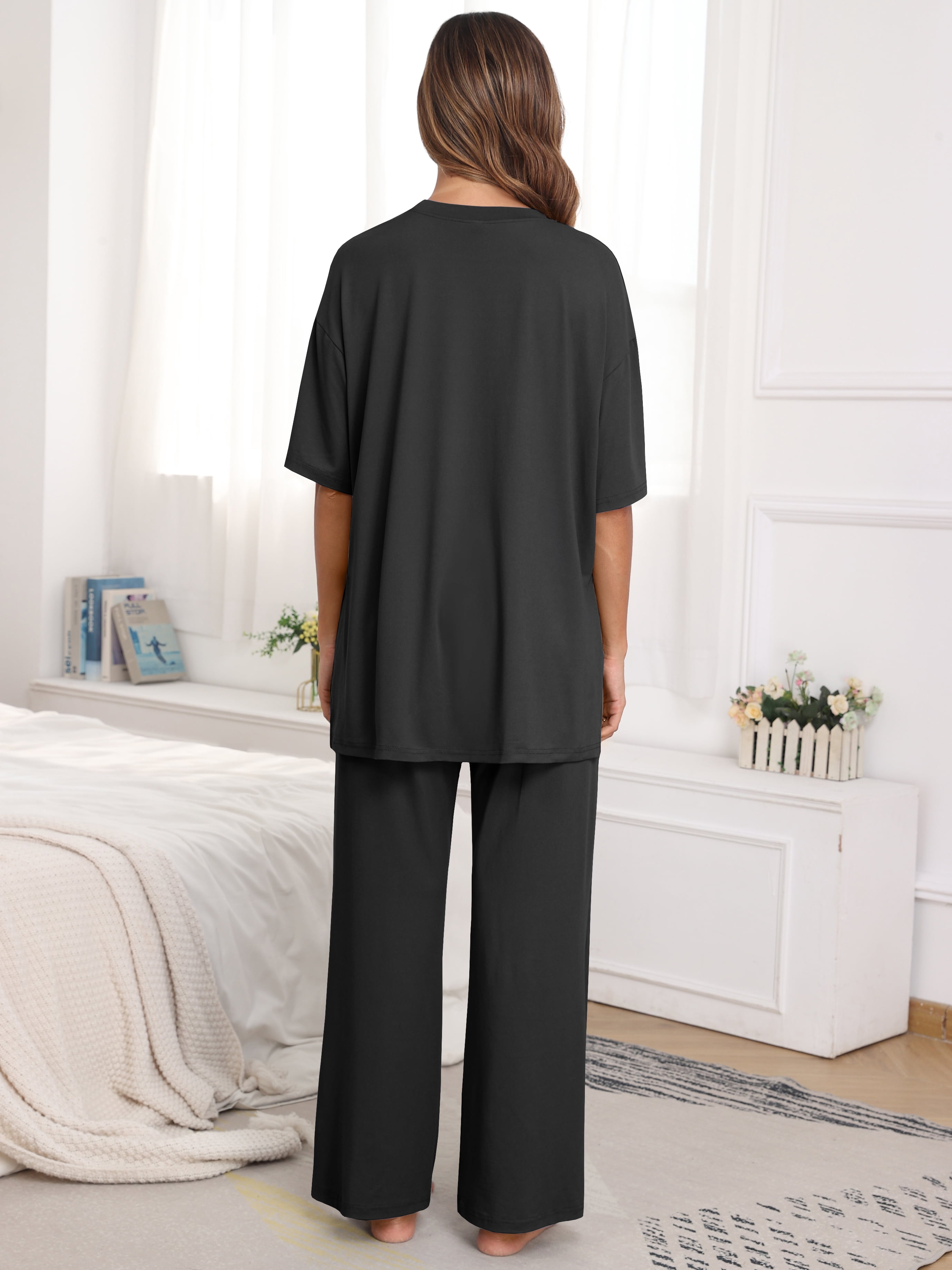 MINTREUS Lounge Sets for Women Knit Short Sleeve Tops and Long Pants Soft Comfy Pajamas Set Oversized 2 Piece Outfits S-4X