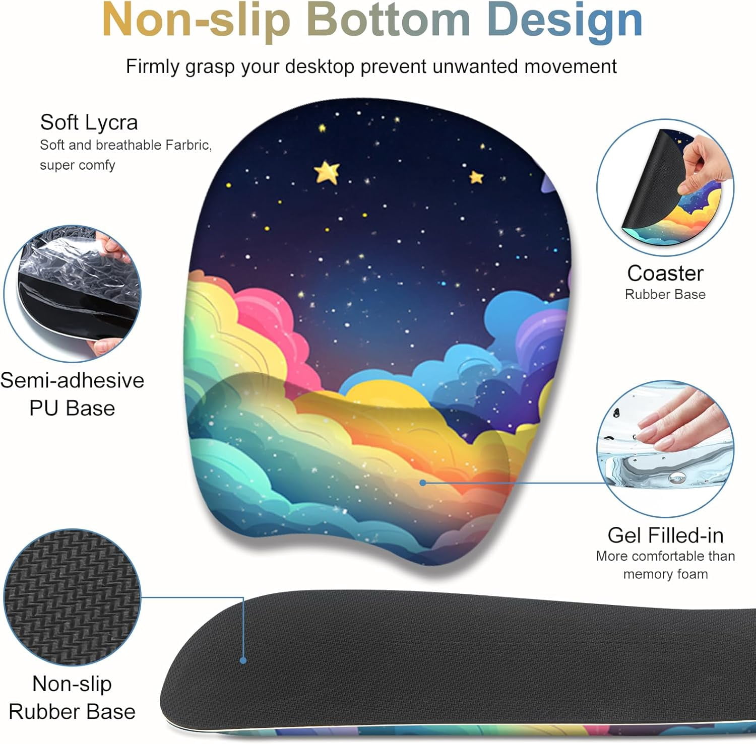 Mouse Pad with Wrist Support 4 in1 Set, XXL Big Game Mousepad + Keyboard Wrist Rest + Mouse Wrist Rest Pad +Coaster Gaming Mat for Home Office Work Computer Laptop I Colorful Clouds Starry Night