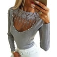 thumbnail image 3 of DYMADE Women Round Neck Long Sleeve Sexy Hollow Out Slim Fit Lace T-shirt, 3 of 4