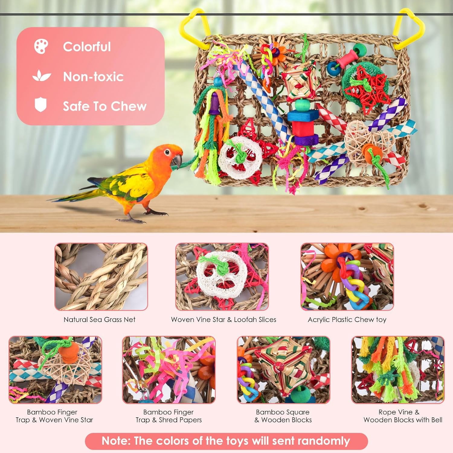 Bird Toys, Bird Foraging Wall Toy, Edible Seagrass Woven Climbing Hammock Mat with Colorful Chewing Toys, Suitable for Lovebirds, Finch, Parakeets, Budgerigars, Conure, Cockatiel