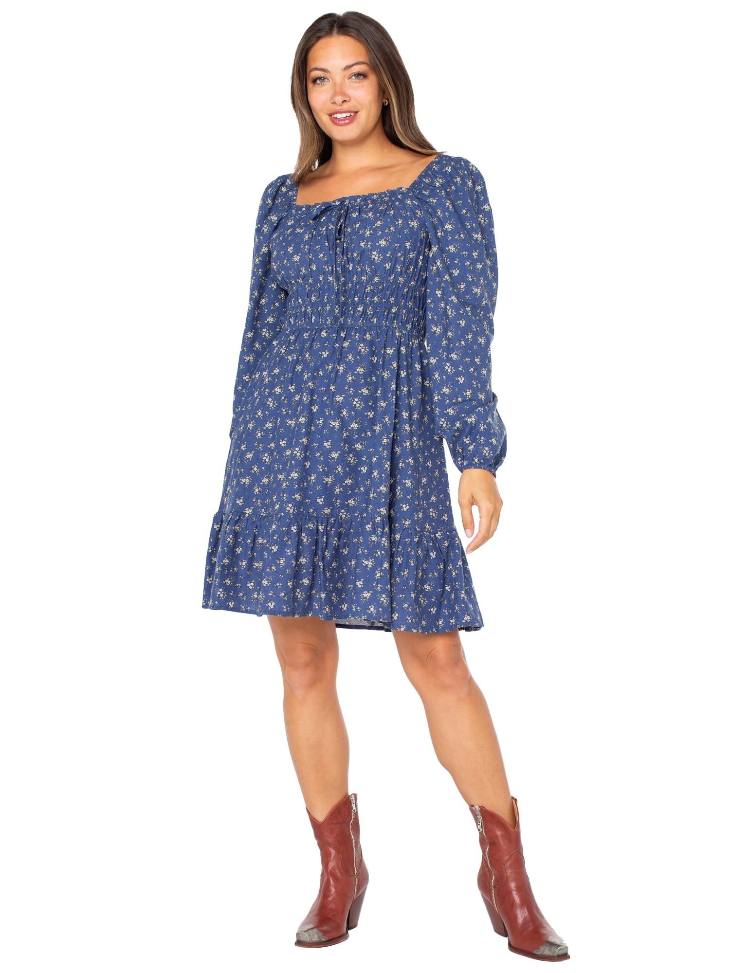 Celebrity Pink Women’s and Women’s Plus Floral Print Babydoll Dress with Long Sleeves, Sizes XS-4X