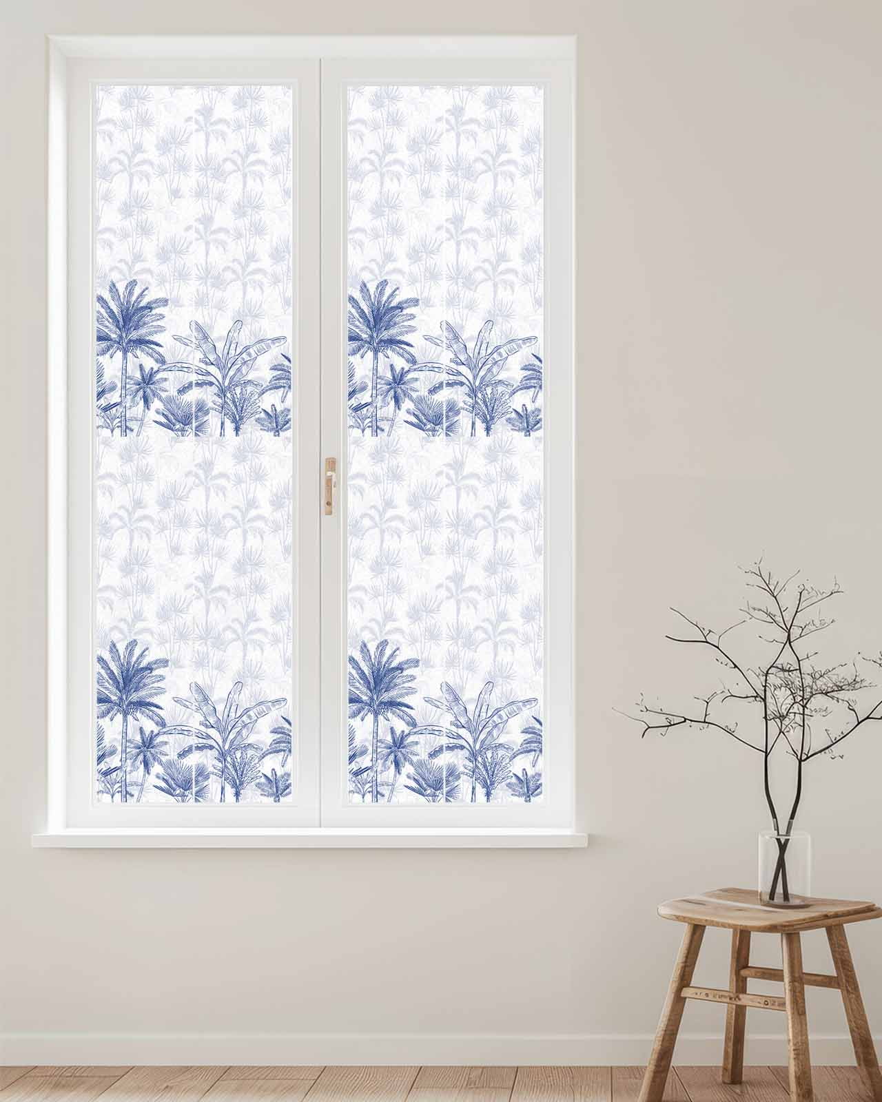 Window Privacy Film, Blue Tropical Palm Tree UV Sun Blocking Window Tint Film Heat Control One Way Blackout Window Film, Summer Botanical Monstera Plants Non Adhesive Static Cling Sticker 29.5x118 In
