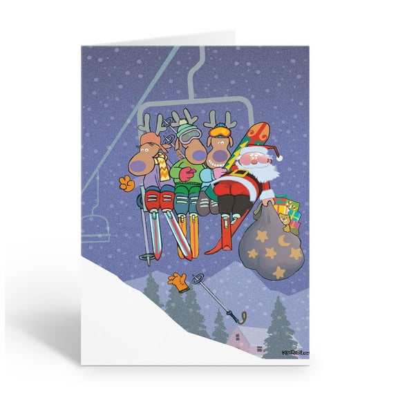 Santa and Reindeer Go Skiing Holiday Card - 12 Holiday Cards & Envelopes- 18096