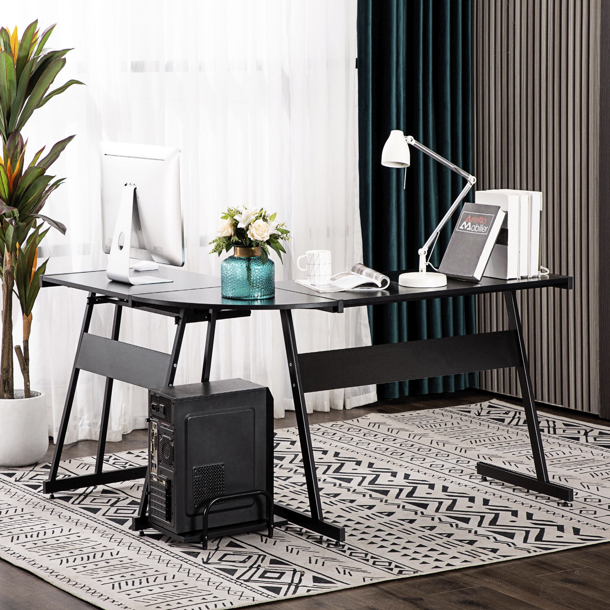 MCombo  Gaming L Shaped Desk for Home Office, MDF 7112 Black N/A