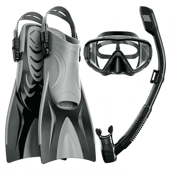 AEGEND Snorkel Set for Adults, 4-in-1 Snorkeling Gear with Panoramic Anti-Fog Mask, Dry Top Snorkel, Adjustable Swim Fins & Travel Bag for Diving Swimming, Black