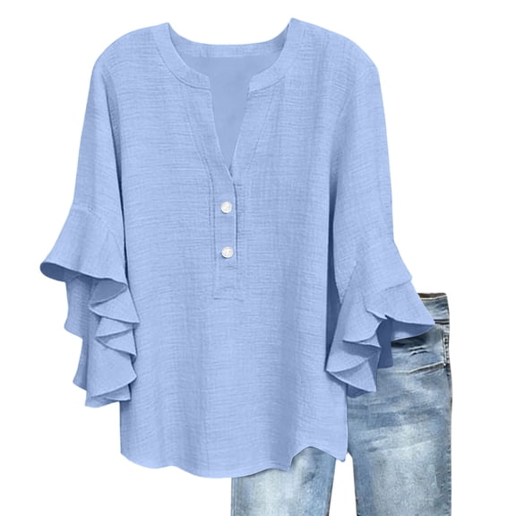 Qiopertar Women's 3/4 Lace Sleeve V-Neck Button Blouse Casual Loose Fit Top Spring Summer Boho Shirt, Light Blue 3XL