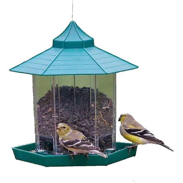 Comederos para pájaros para colgar al aire libre, comedero para pájaros, comedero para pájaros salvajes con techo para decoración exterior y reloj (verde)