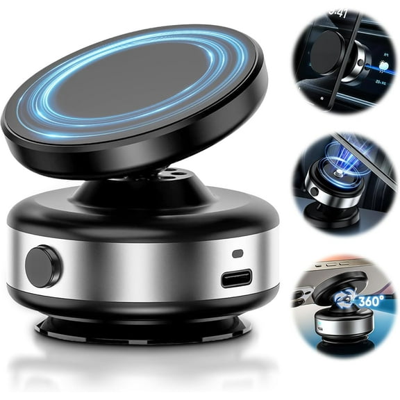 Upgraded 360° Adjustable Electric Vacuum Magnetic Suction Cup Phone Mount, Hands-Free Magnetic Cell Phone Holder for Car/Gym/Mirror/Smooth Surface, Compatible with Magsafe iPhone, Silver
