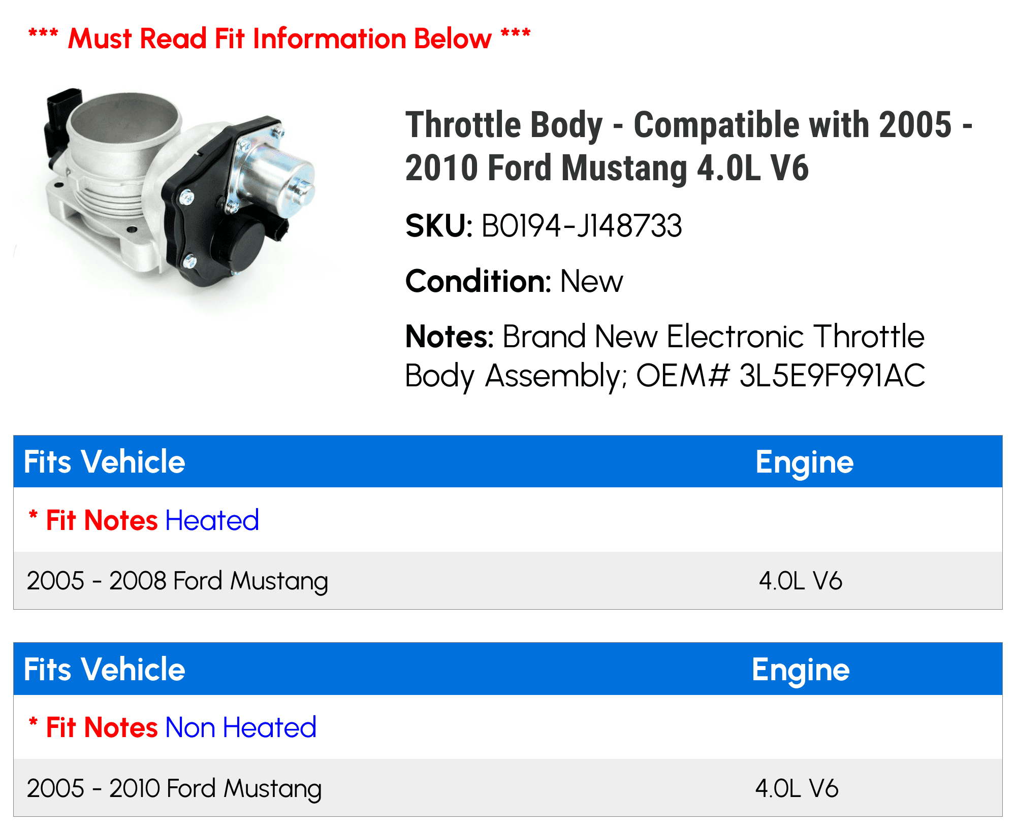 Throttle Body - Compatible with 2005 - 2010 Ford Mustang 4.0L V6 2006 2007 2008 2009