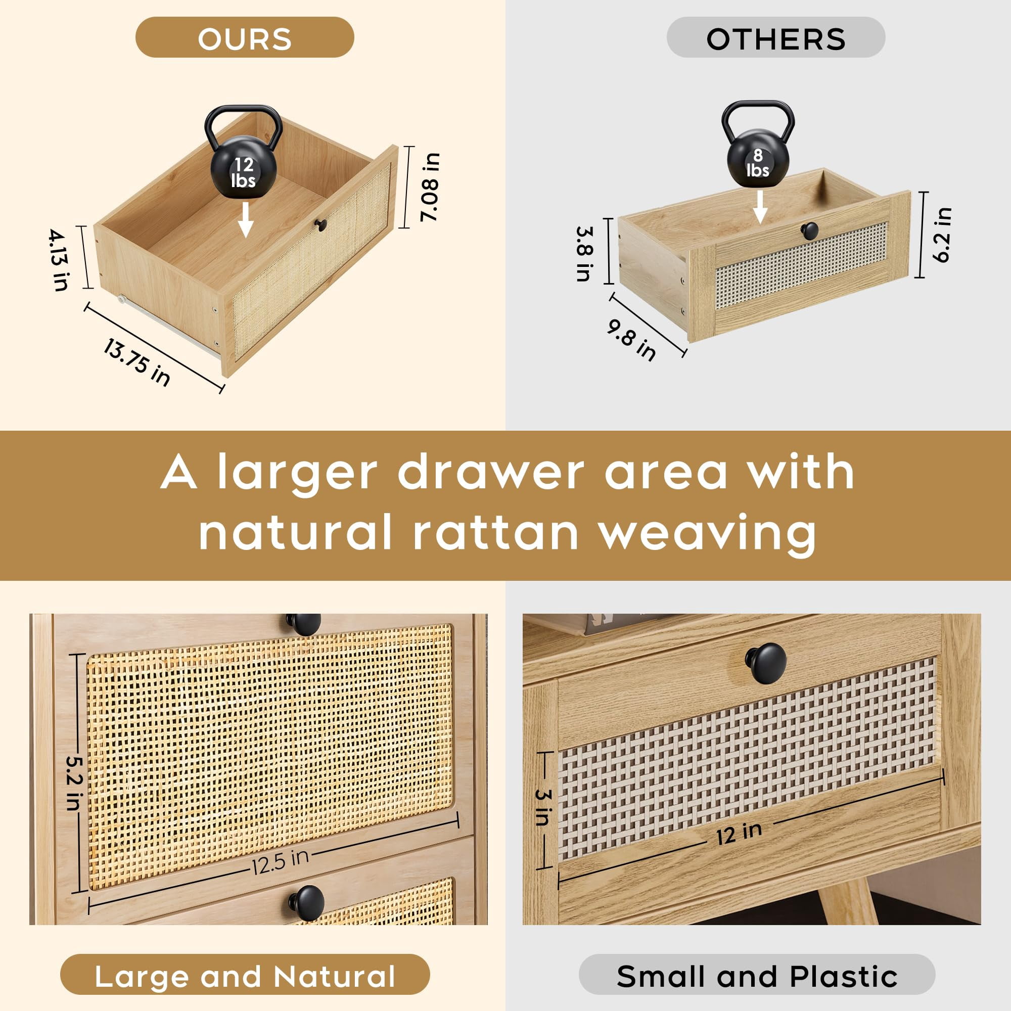 Brafabhome Rattan Nightstands with Drawer, Modern Bedside Tables with Open Storage Shelf for Bedroom, Accent Sofa End Table with Steel Legs for Living Room, Set of 2 | Nature