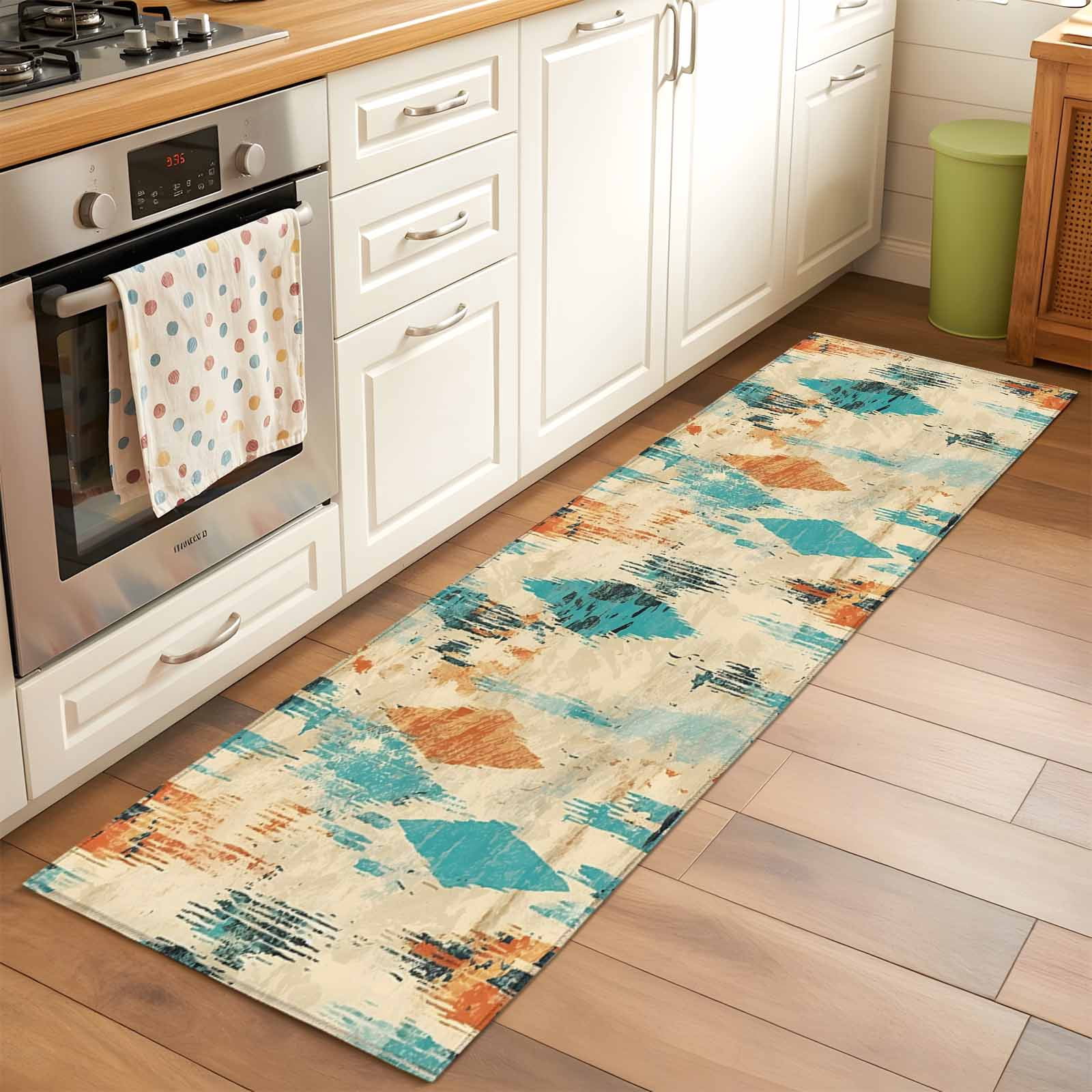 2'x6' Rug Runners for Hallways Kitchen, Orange Teal Red Non Slip Entryway Beside Floor Carpet Runner, Boho Modern Abstract Splashing Art Washable Laundry Room Bedroom Throw Rugs Mat for Family Pet
