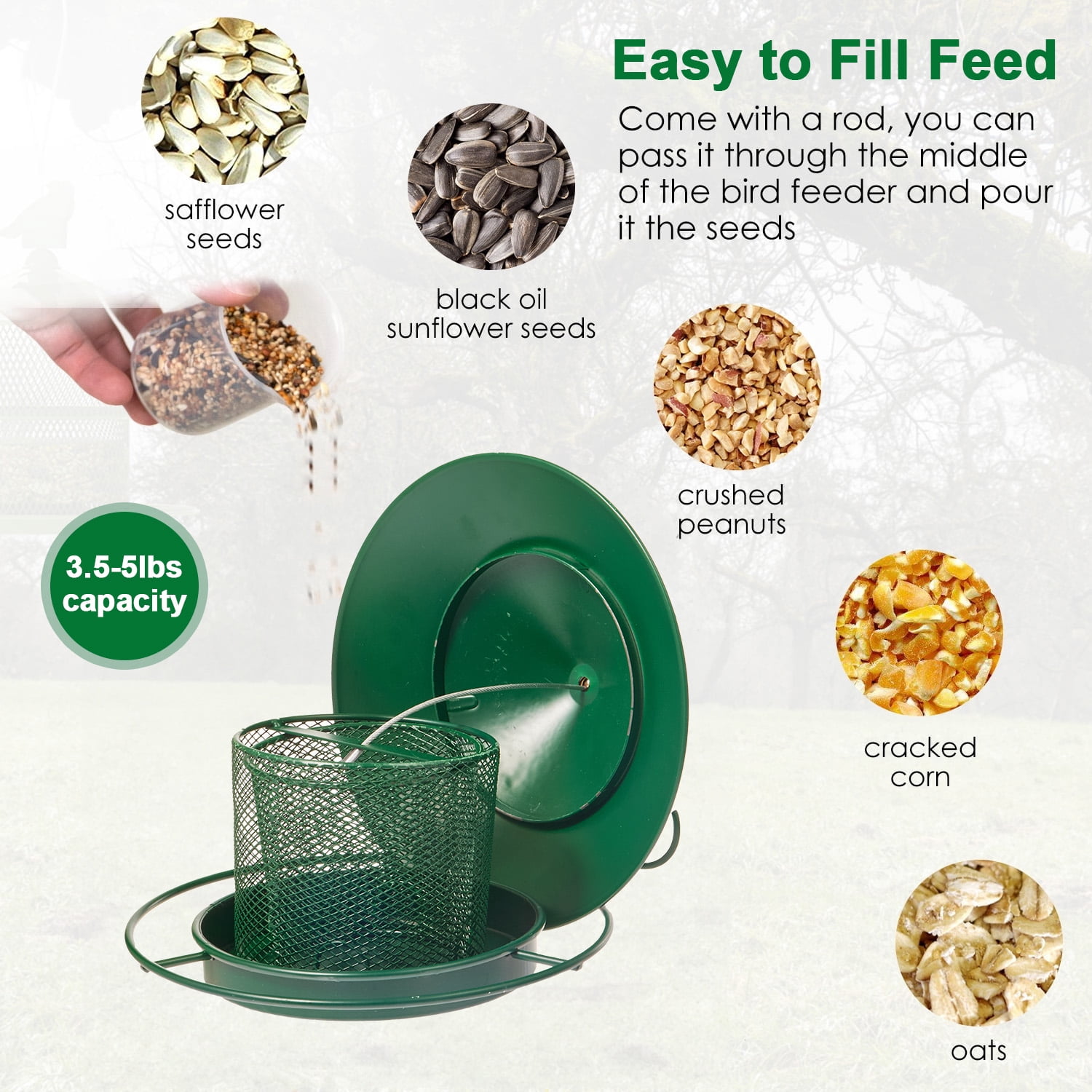 Anpro Metal Bird Feeder for Outside Hanging, Retractable Squirrel Proof 5lb Capacity Bird Feeders, for Outdoors Hanging Garden Yard, Green