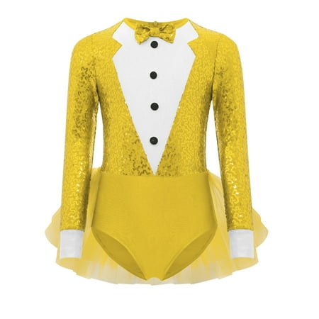 TTAO Kids Girls Sequins Modern Jazz Dance Leotard Bodysuit Long Sleeve Feather Tutu Dress Shiny Ballet Dancewear Yellow 6