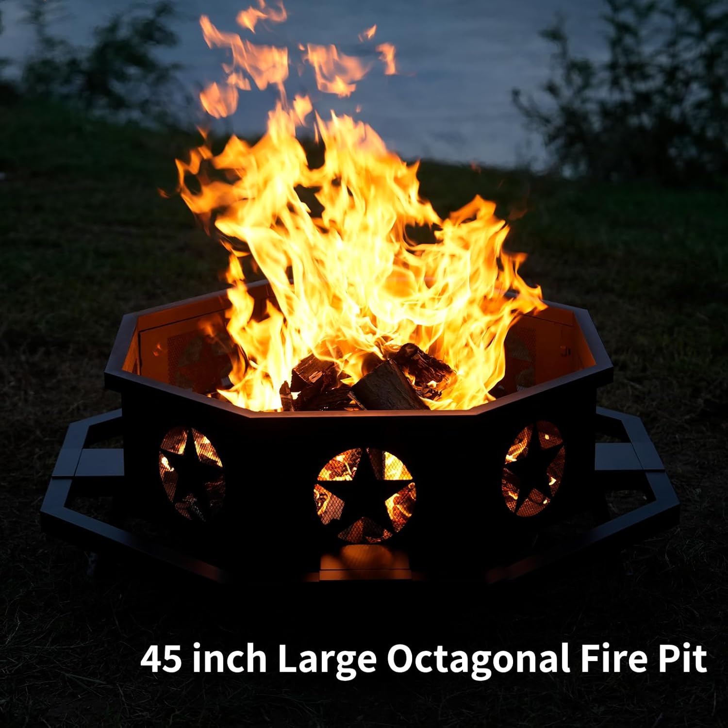 45 inch Extra Large Fire Pit, Outdoor Wood Burning Fire Pit for Outside Octagonal Heavy Duty Firepit for Camping, Backyard, Patio, Black