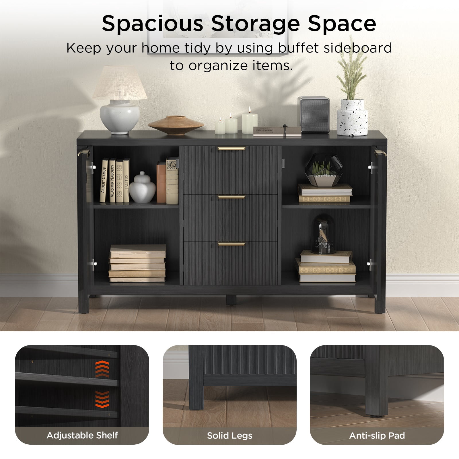 Hommoo Modern Sideboard Storage Cabinet, Fluted Credenza Buffet Cabinet with 2 Doors and 3 Drawers, for Kitchen and Living Room, Black