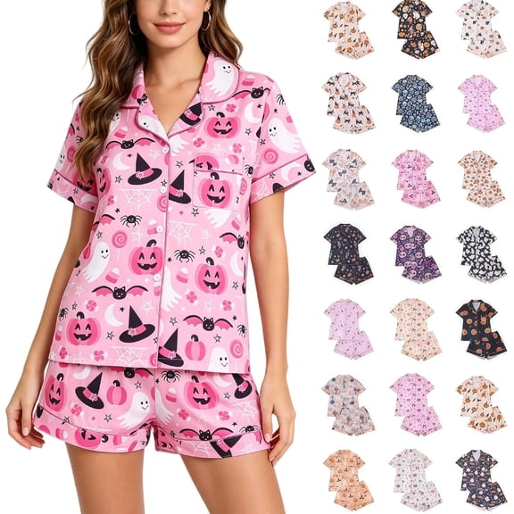Halloween Pajamas Women 2026, Cute Satin Ghost Pumpkin Print Short Sleeve Button Top and Shorts Matching Sleepwear Pajamas