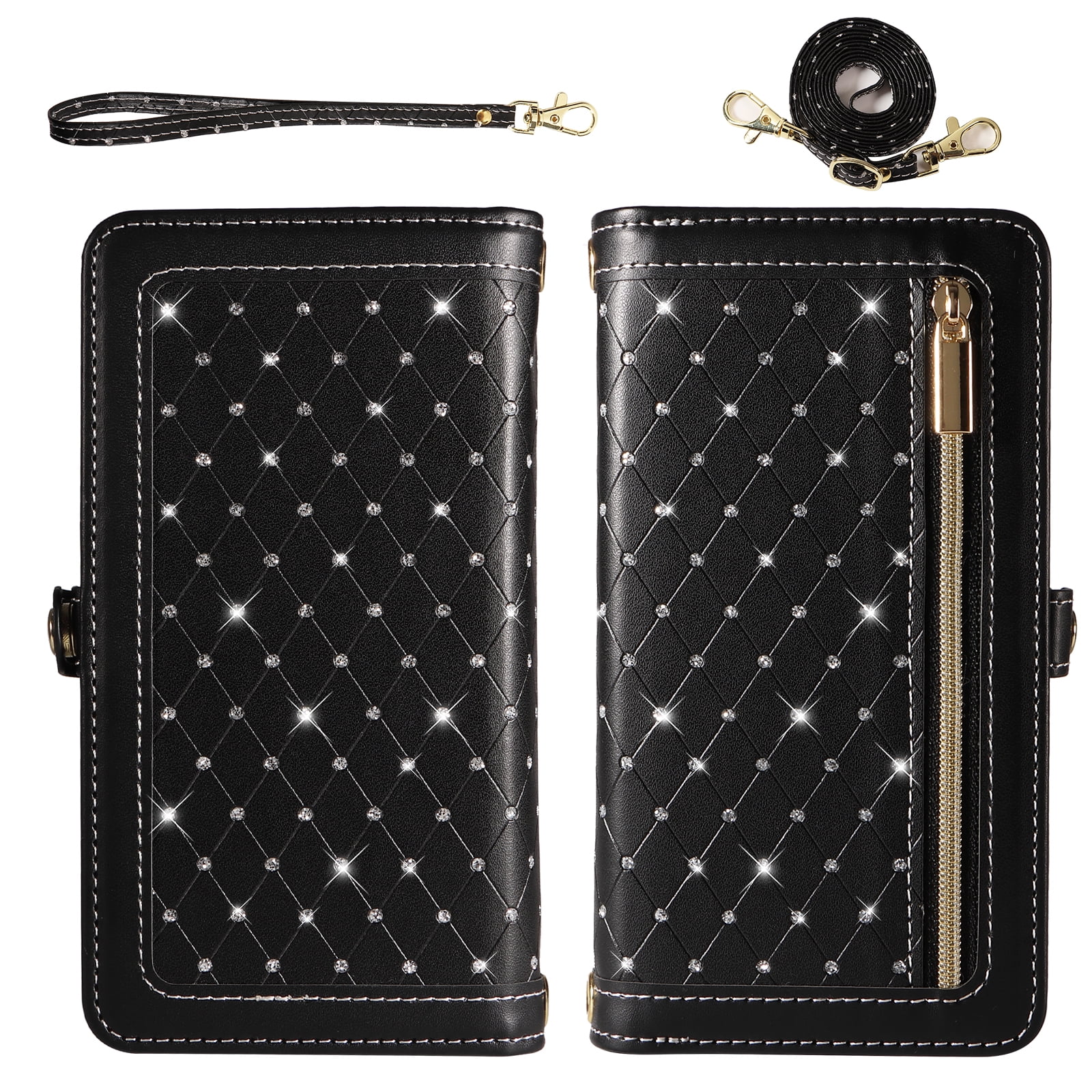 Asuwish Phone Case for Samsung Galaxy A16 5G/4G Zipper Wallet Detachable Cell Cover with Tempered Glass Screen Protector Crossbody Lanyard Strap Bling Glitter Flip Card Holder Slot SM-A 16 16A Black