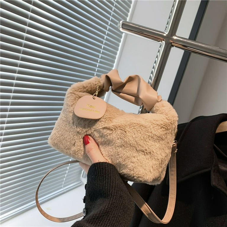 Bxingsftys Plush Female Tote Bag PU Strap Cloud Fold Furry Bag Fashion Adjustable for Party, Adult Unisex, Size: One Size
