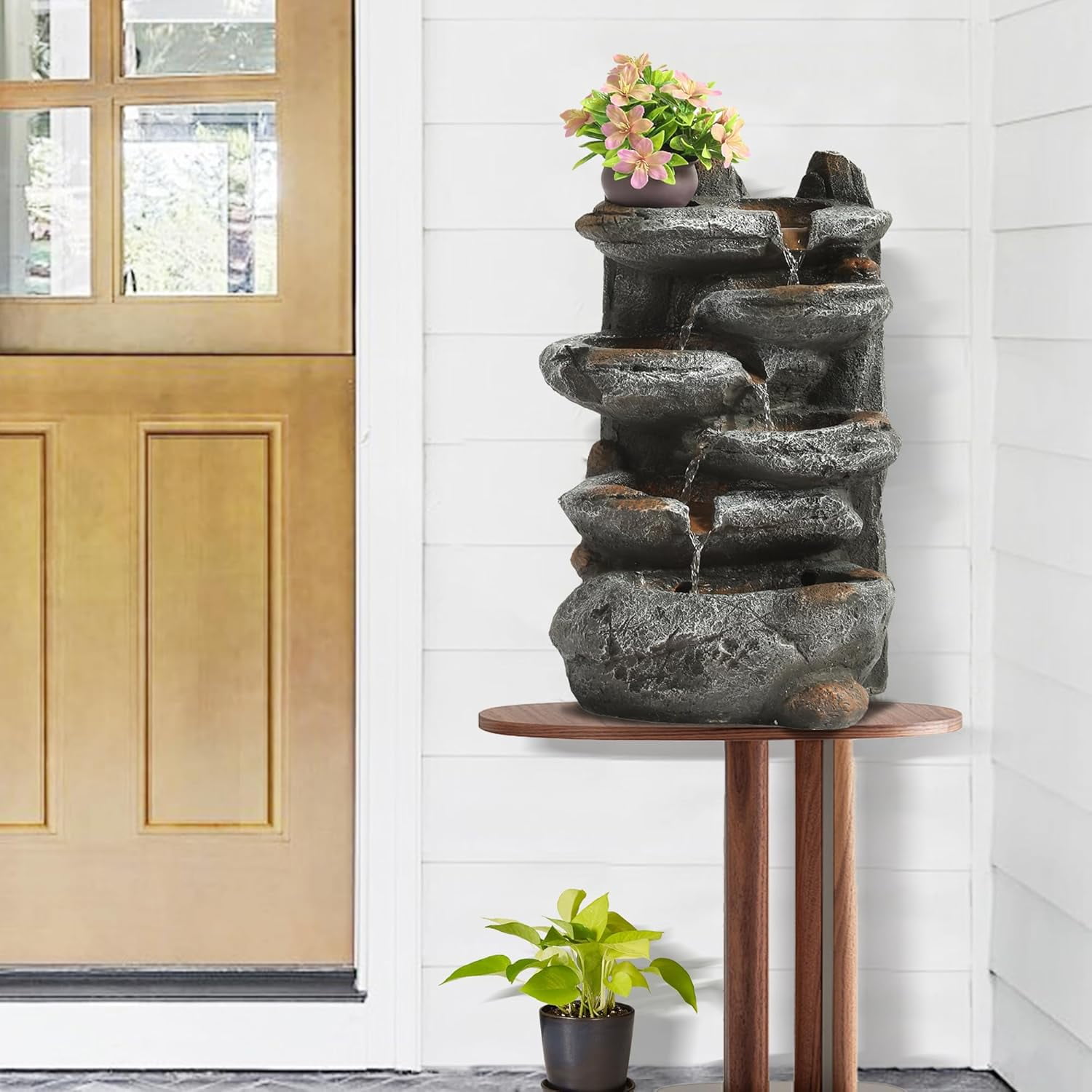 Magic Union 6-Tier Cascading Rock Water Fountain Outdoor Garden Waterfall with Lights,Fountain Indoor Decor for Garden, Patio, Backyard, Deck, Porch and Home Art Decor