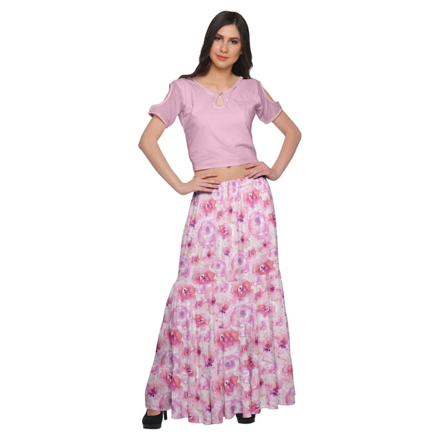 Moomaya Ethnic Dress For Women Printed Long Skirt And Cold Shoulder Crop Top Set