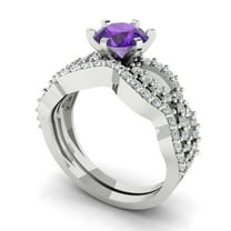 Clara Pucci 14K White Gold Round Cut 1Ct Natural Amethyst Engagement Ring   Matching Band - Luxury Box Included