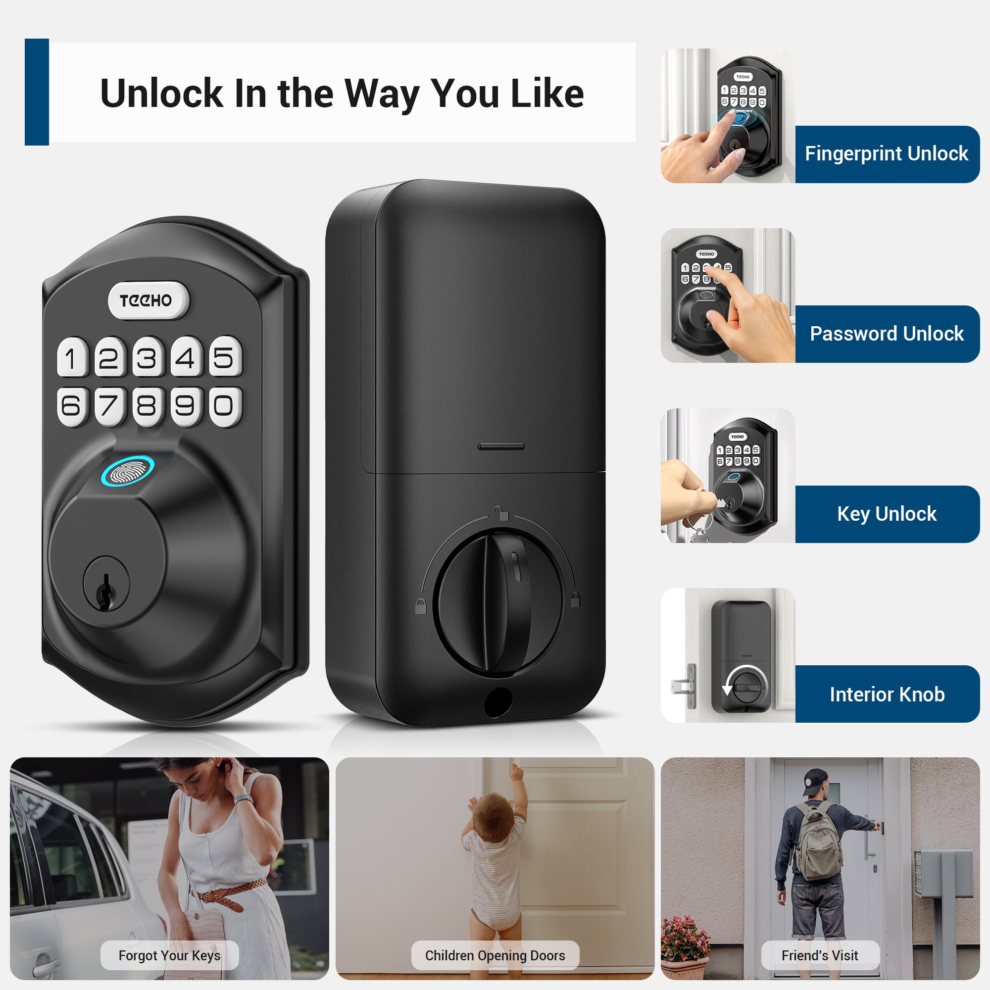 TEEHO Fingerprint Keyless Entry Door Lock with 2 Handles, Security Keypad Deadbolt Lock, Electronic Smart Door Locks, Auto Lock, Easy Installation- Matte Black