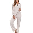 thumbnail image 2 of Vibrex Womens Pajama Sets, Women's Solid Color Half Zipper Long Sleeved Turndown Collar Top With Bandage Pants Pajama Sets Breathable Pajamas, 2 of 7