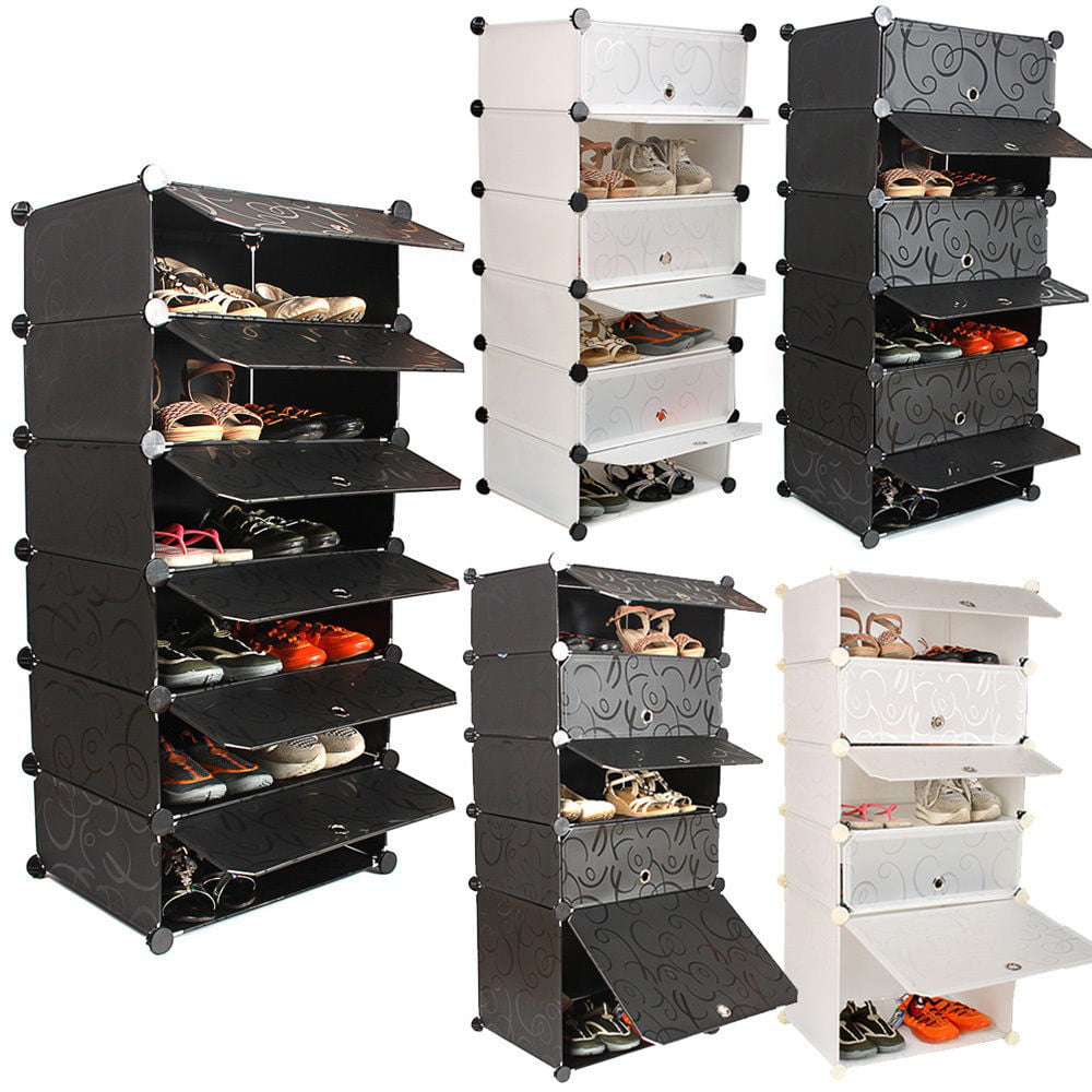 SONGMICS 7 Tiers Portable Shoe Rack Closet with Fabric Cover Shoe Storage Organizer Cabinet Black URXJ12H