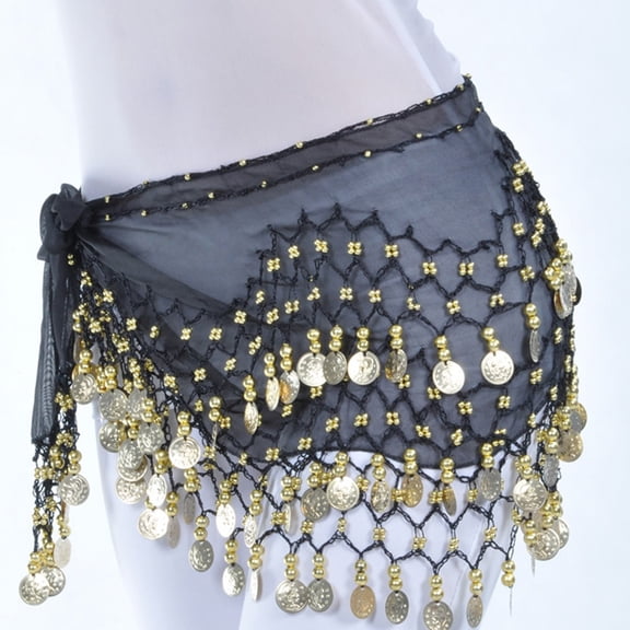 GZWYHT Belts for Women,Western Belts Chiffon Belly Dance Hip Scarf Wrap Belt Tribal Sash Skirt Silver 128 Coins Leather Belt,Work Belt,Womens Belt Black