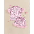 thumbnail image 6 of Kids Toddler Baby Girls Summer Clothes Set Bow Print Feather Trim Short Sleeve Shirts Tops Elastic Shorts 2 Pieces Outfits, 6 of 9