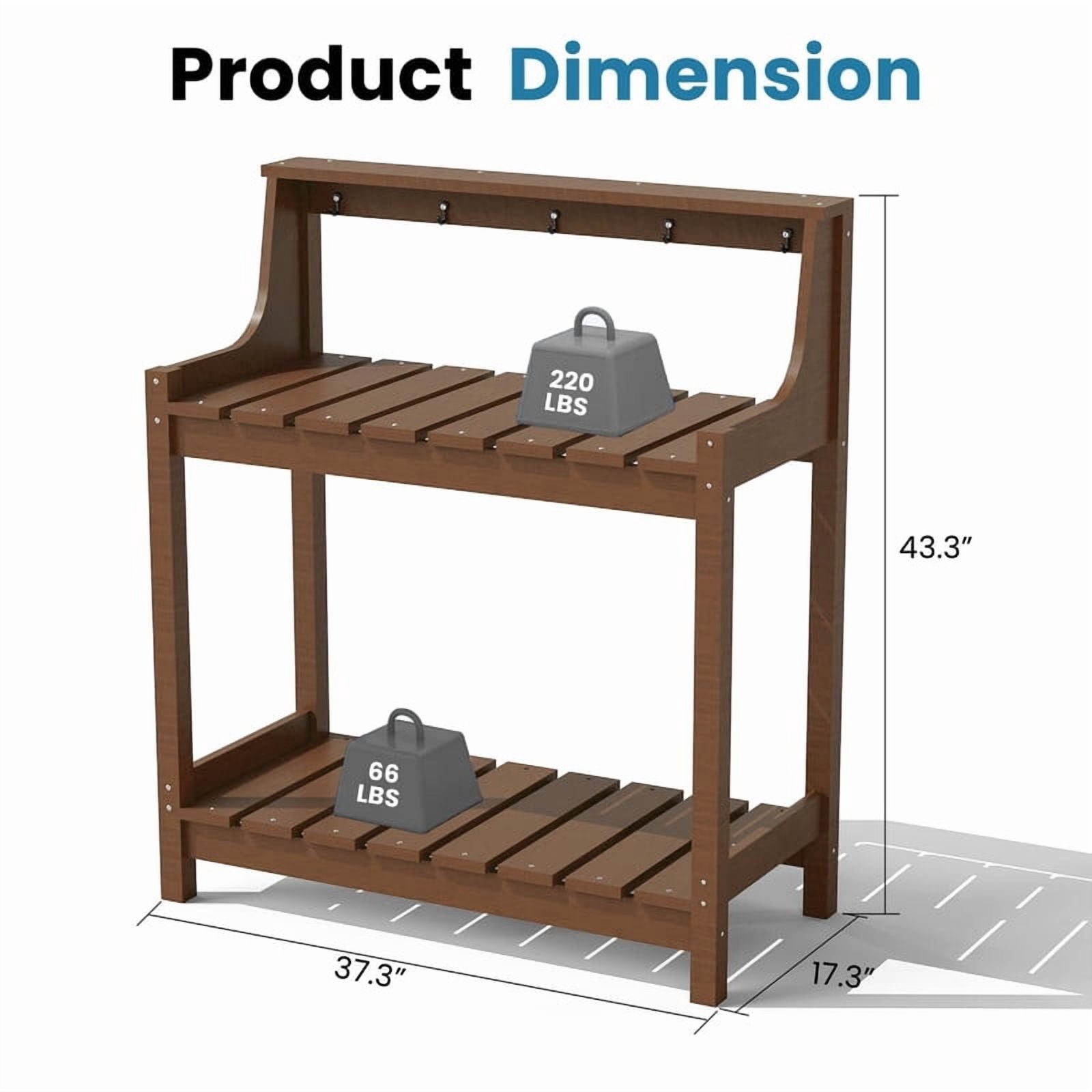 Howcool HDPE Outdoor Potting Bench with Storage & Hooks, 3-Tier Heavy-Duty Garden Workstation Table, All-Weather Potting Table for Patio & Backyard, Brown