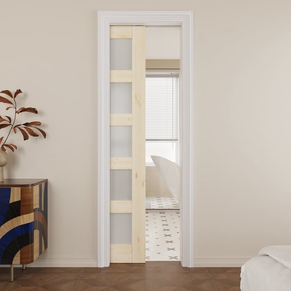 24" x 80" 5 Panel Frosted Glass Pine Wood Pocket Door with Soft Close, Solid Door Panel & Pocket Door Hardware & Frame-as Panty Door, Closet Door, Unfinished Knotty Natural Wood & Ready-to-Stain