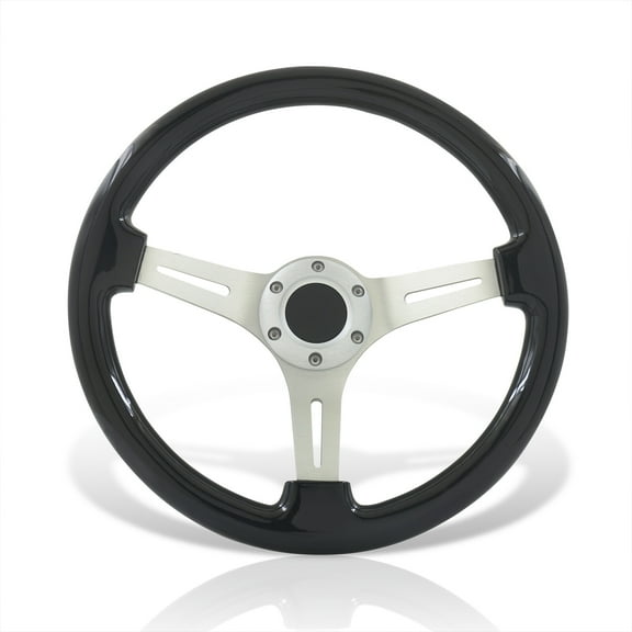 AJP Distributors Universal 350mm 14" 6 Bolts Holes Aluminum Light Weight Steering Wheel Black Wood Grain Chrome Deep Dish 3 Spoke Heavy Duty   Horn Button JDM VIP Sport Driving