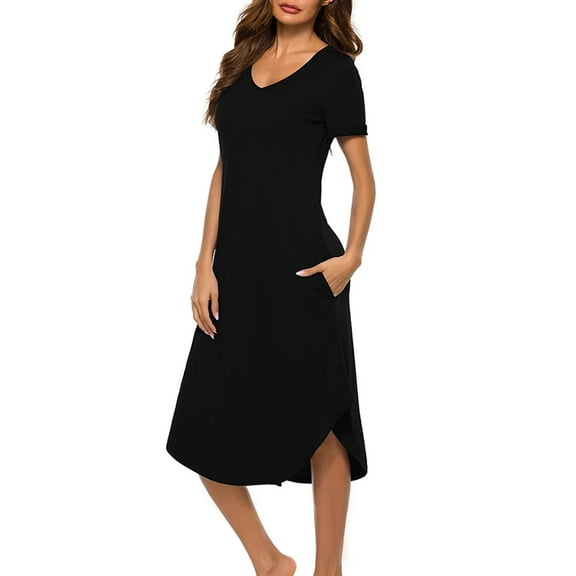 XBASW Women's Cotton Nightgowns V Neck Nightshirt Short Sleeve Pjs Dress Womens Loose with Pocket Sleepwear for Summer S-XXL
