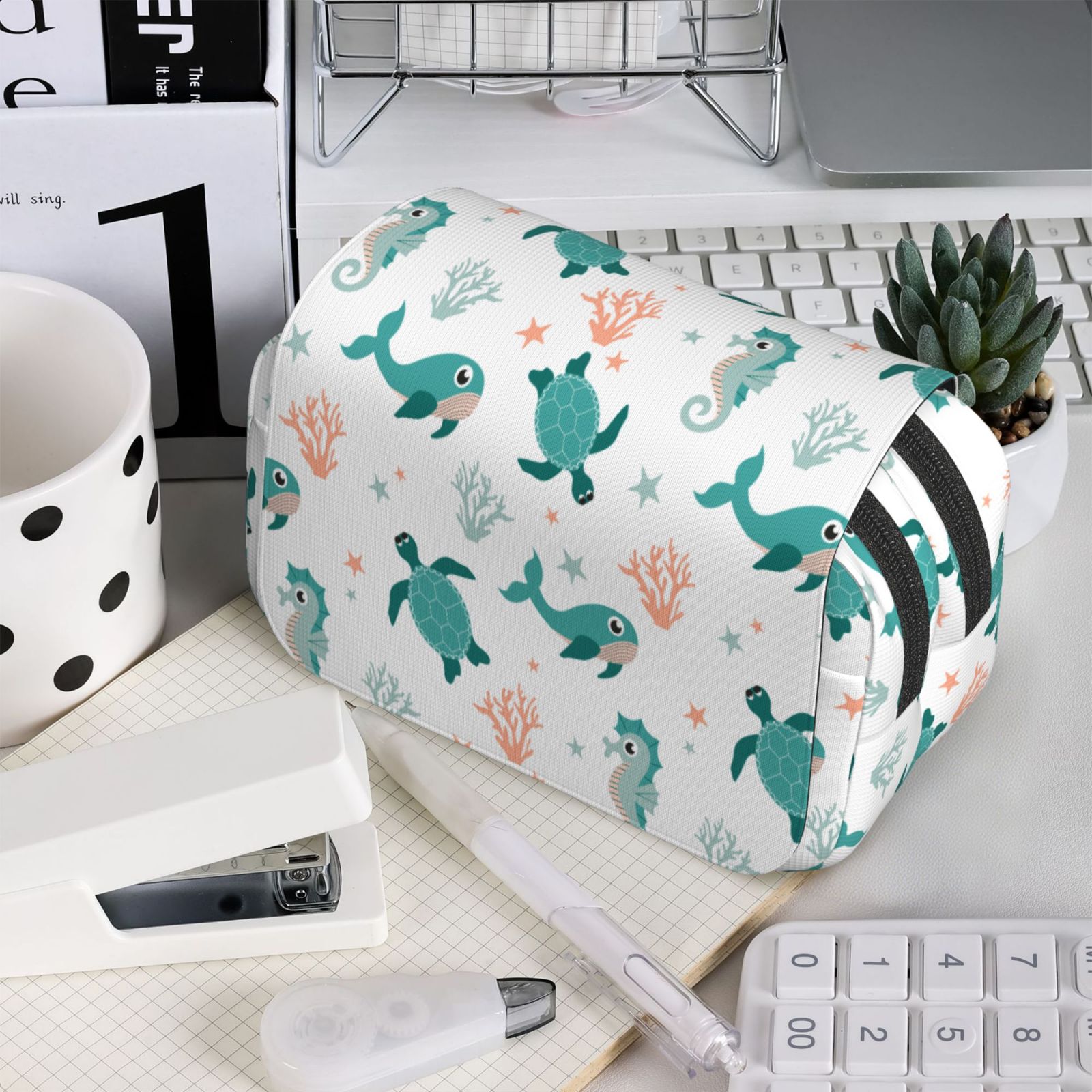 Rateoe Turtles And Seahorses Pattern Double Clamshell Pen Case, Storage Organizer with Two Zipper Compartments– Holds Up to 50 Pencils & Pens
