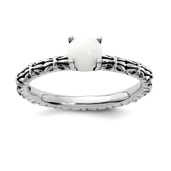 2.5mm 925 Sterling Silver Polished Prong set Oxidized Stackable Antiqued White Agate Ring Size 6 Stackable Ring for Wome