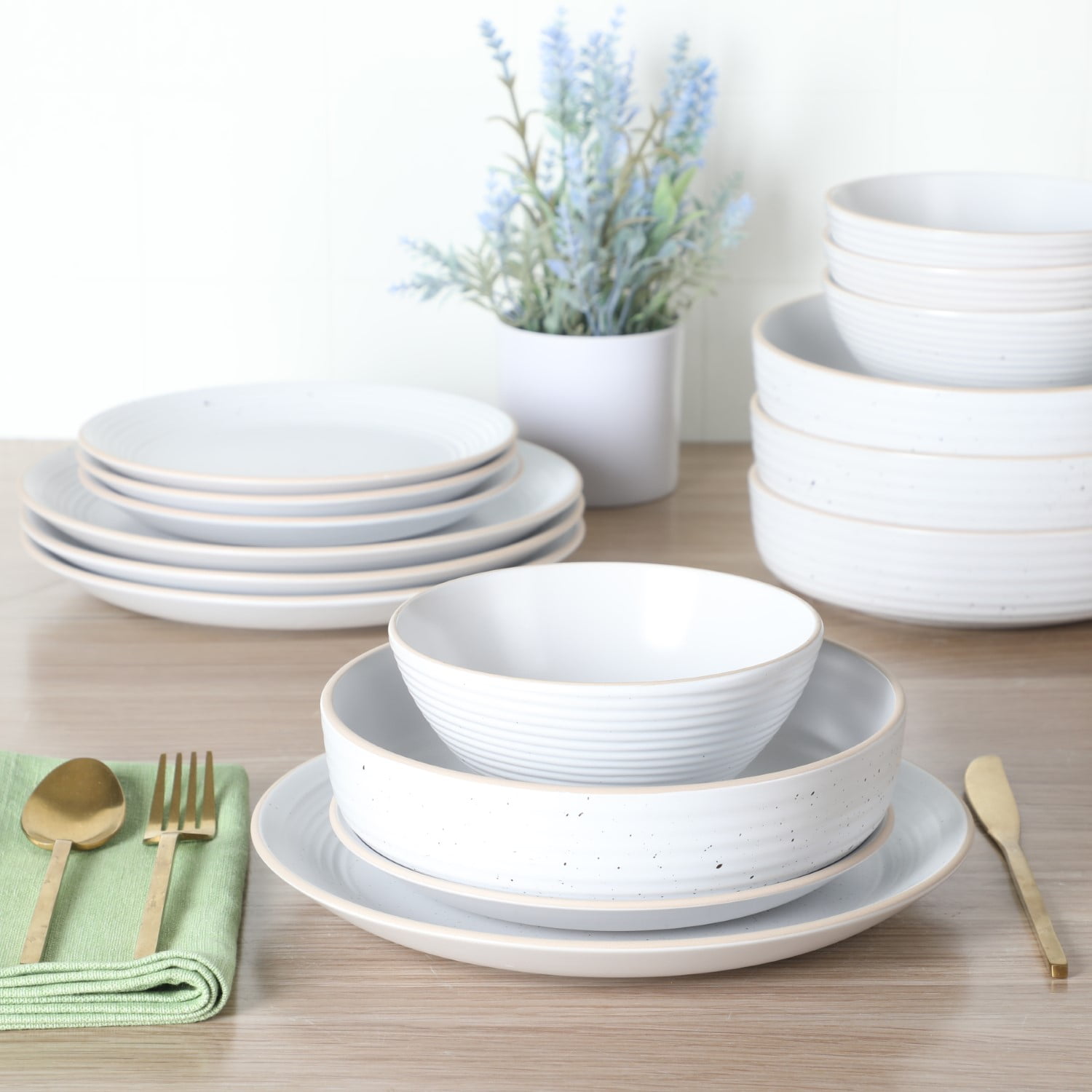 Gibson Home Dinah Double Bowl Stoneware Embossed Speckled Dinnerware Set, Matte White, 16 Piece