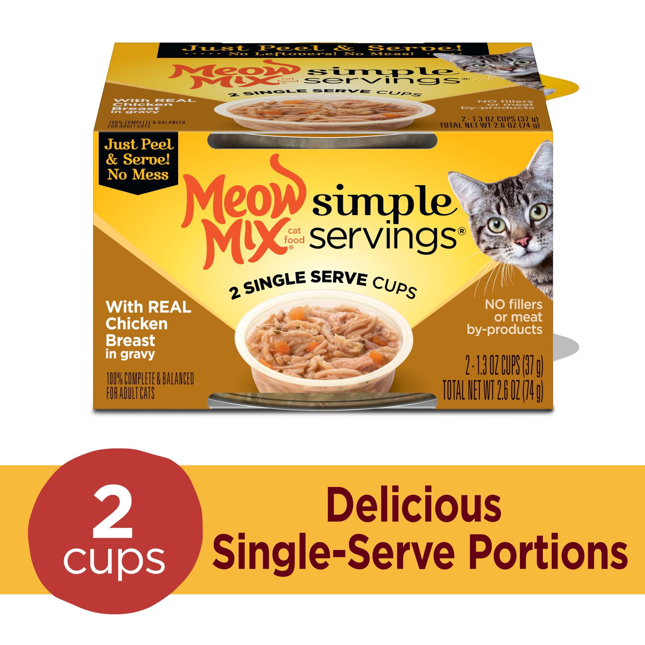 Meow Mix Simple Servings Wet Cat Food with REAL Chicken Breast in Gravy, 1.3oz Cups, 2 ct.