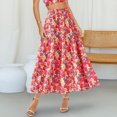 thumbnail image 5 of Women’s High Waist Maxi Skirt with Leaf Print Elastic Waistband Tiered Flowy A Line Long Skirt for Casual Wear Vermilion M, 5 of 6