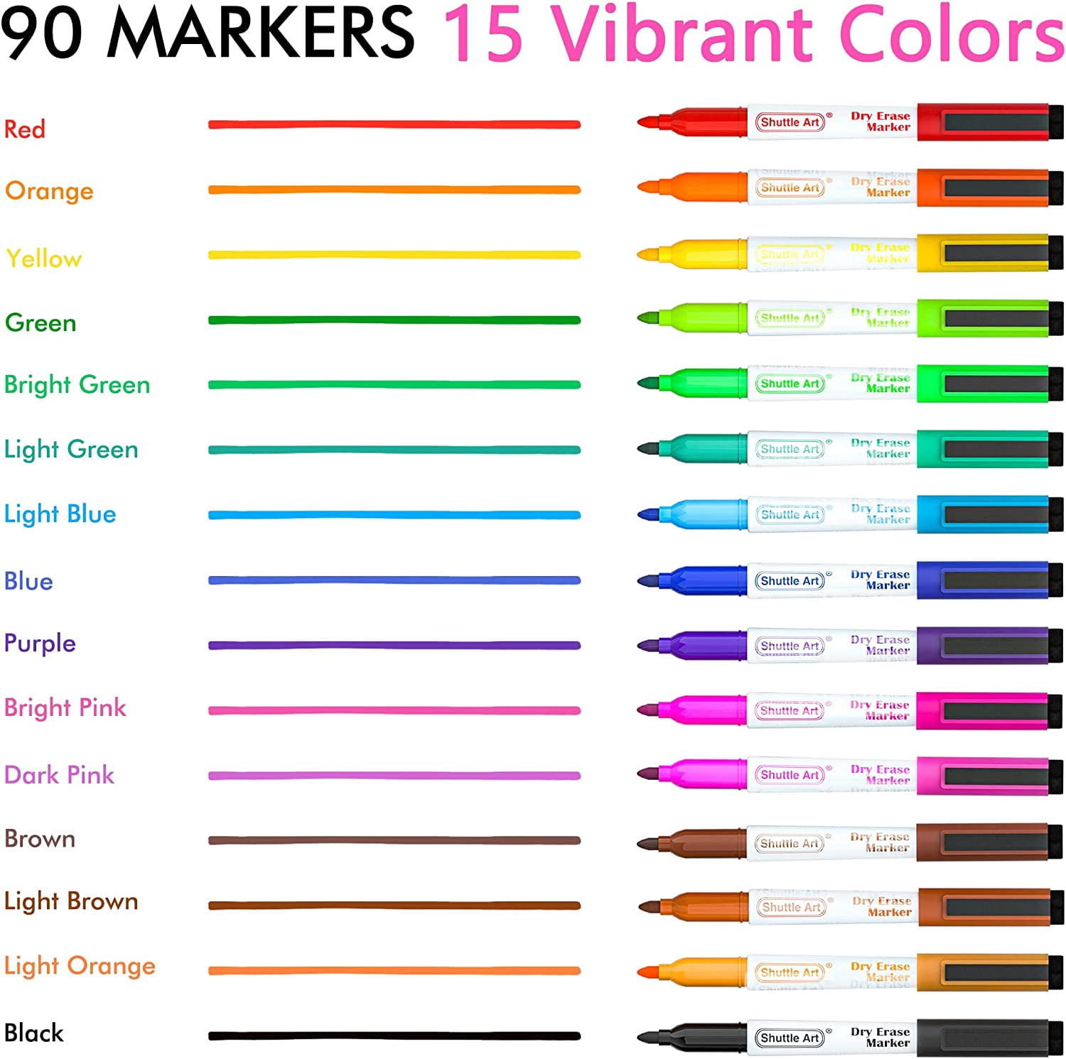 Dry Erase Markers, Shuttle Art 90 Bulk Pack 15 Colors Magnetic Whiteboard Markers with Erase, Fine Point Dry Erase Markers are Perfect for Writing on Whiteboard Mirrors Glass for Office Home