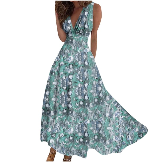 Vestido Corto de Verano de Moda sin Mangas con Cuello en V Impreso Vestido Casual Grande Del Doblado para Diario