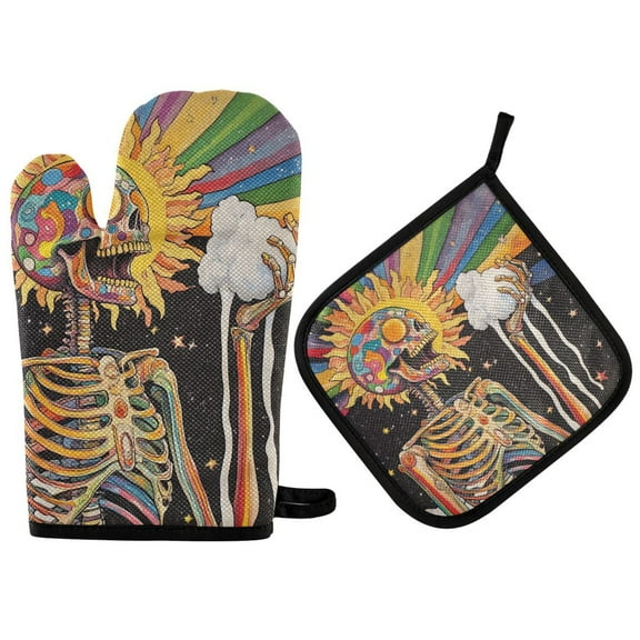 Yayeee Oven Mitts and Pot Holder Set of 2 Heat Resistant Kitchen Gloves Baking Hot Pad, Bright Skeleton