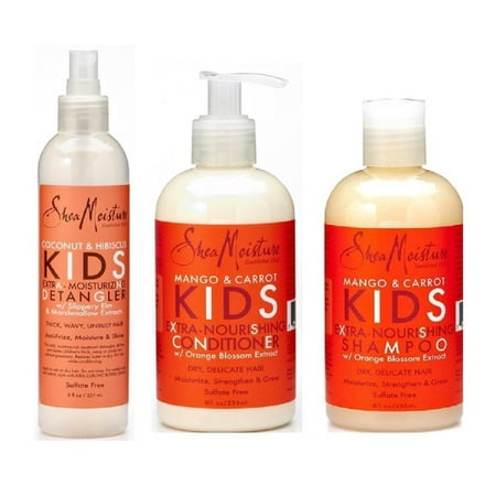 - Shea Moisture Kids Hair Care Combination Pack – Includes Mango & Carrot 8oz KIDS Extra-Nourishing Shampoo, 8oz KIDS Extra-Nourishing Conditioner, and 8oz Coconut & Hibiscus KIDS Detangler
