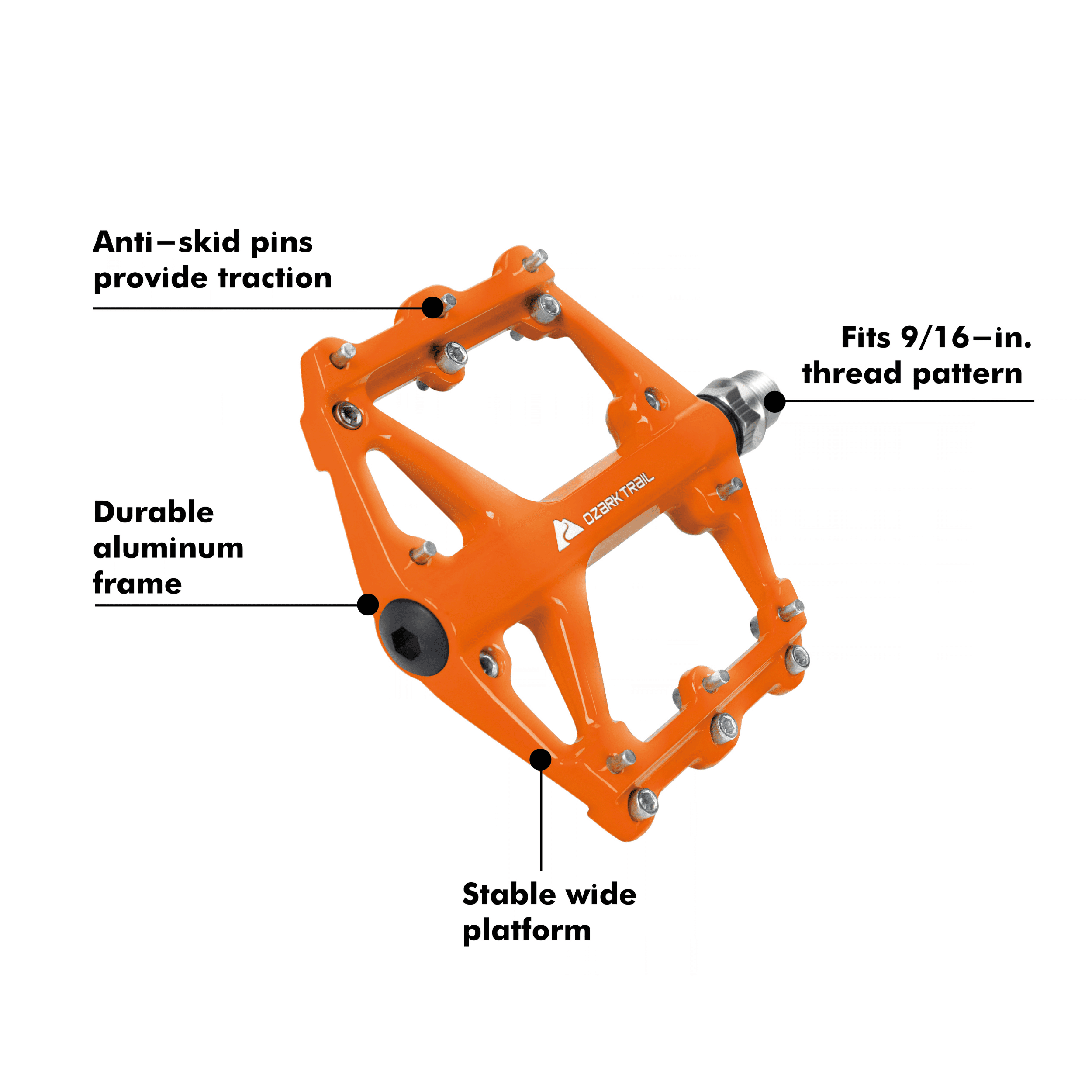 Ozark Trail Aluminum Mountain Bicycle Pedals, Compact and Durable, Orange