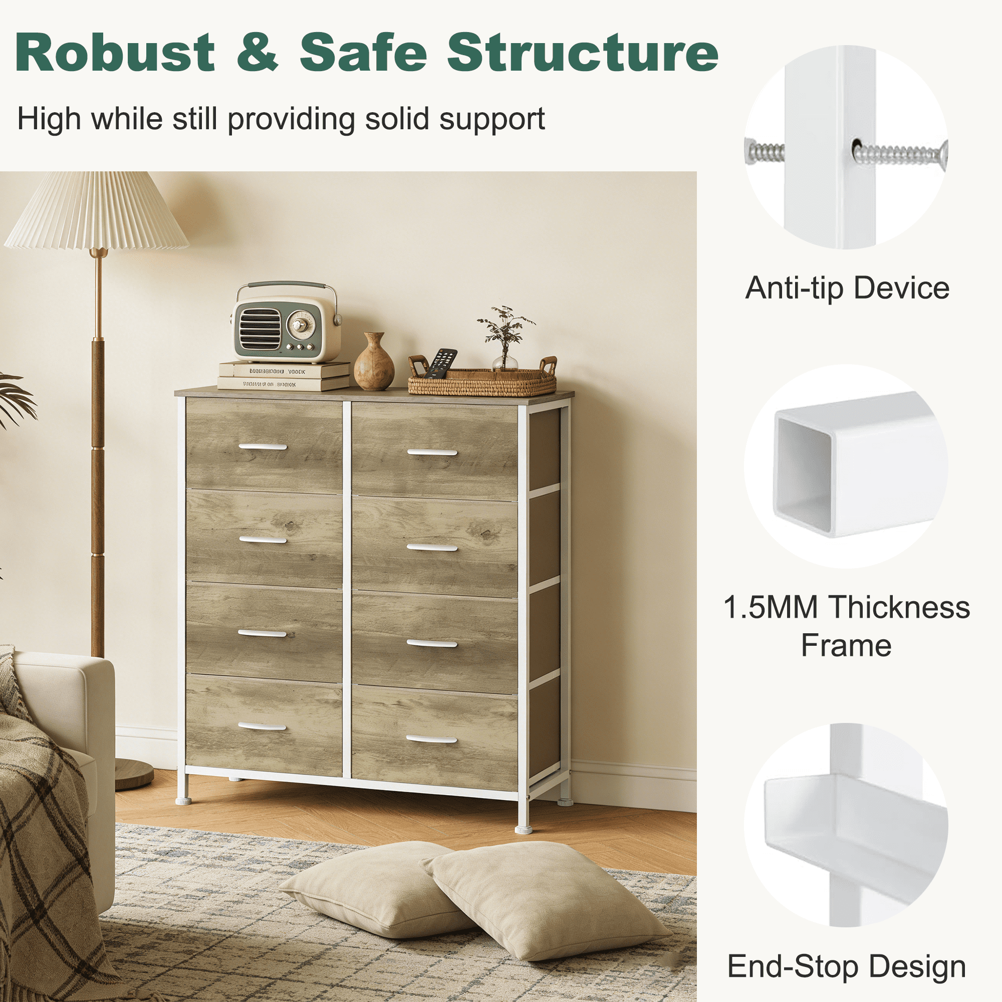 Aidoly 8-Drawer Wide Fabric Storage Dresser with Wooden Top - Space-Saving Bedroom & Closet Organizer, Greige Oak