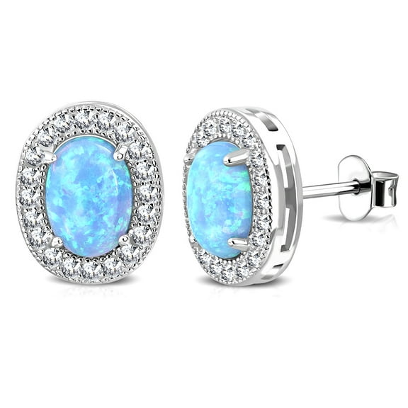 925 Sterling Silver White Clear CZ Simulated Blue Opal Oval Stud Earrings, 0.40"
