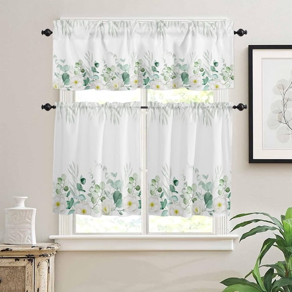 3 Piece Curtains Tiers and Valances Set, Eucalyptus Leaves Summer Watercolor Green Leaf Flower Rod Pocket Short Window Treatment Tiers Curtains Panel and Valance for Cafe Bathroom Kitchen